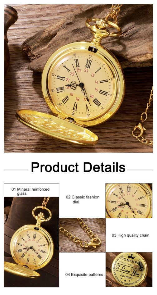 Antique Steampunk Vintage Roman Numerals Quartz Pocket Watch Gold Case Necklace Pendant Clock Chain Mens Women - Image 3
