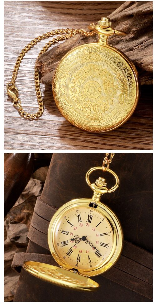 Antique Steampunk Vintage Roman Numerals Quartz Pocket Watch Gold Case Necklace Pendant Clock Chain Mens Women - Image 4