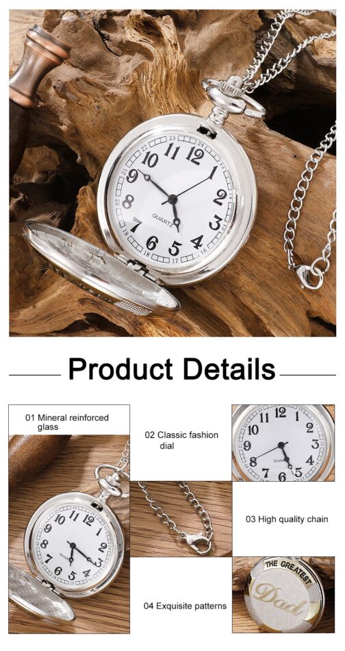 Vintage Silver Golden Luxury THE GREATEST DAD Quartz Pocket Watch Fob Chain Necklace Mens Fathers Gifts Clock Relogio De Bolso - Image 2